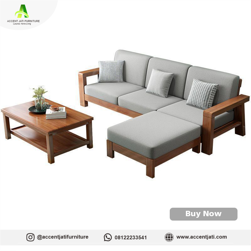 Set Sofa L Modern Kayu Jati Abu-abu Muda Set Sofa L Modern Kayu Jati Abu-abu Muda