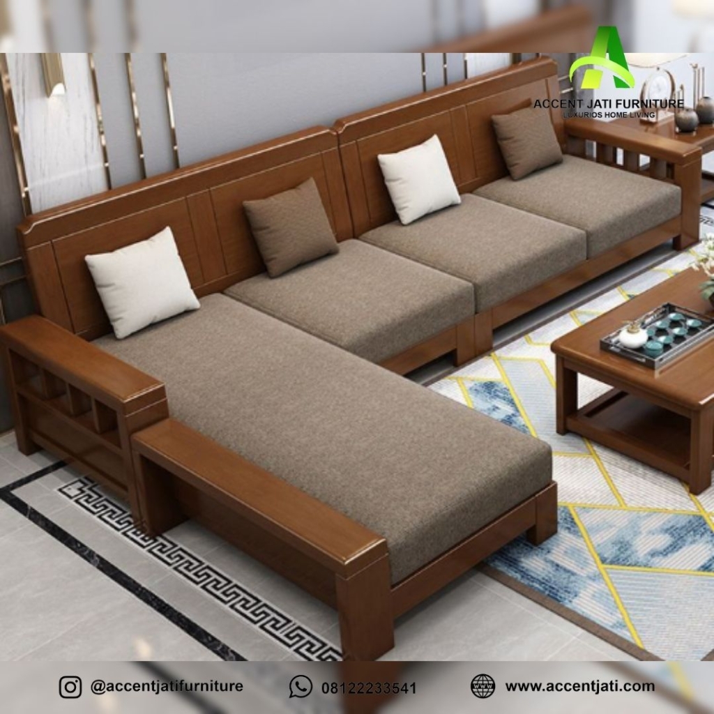 Set Sofa L Minimalis Modern Kayu Jati dengan Rak Samping