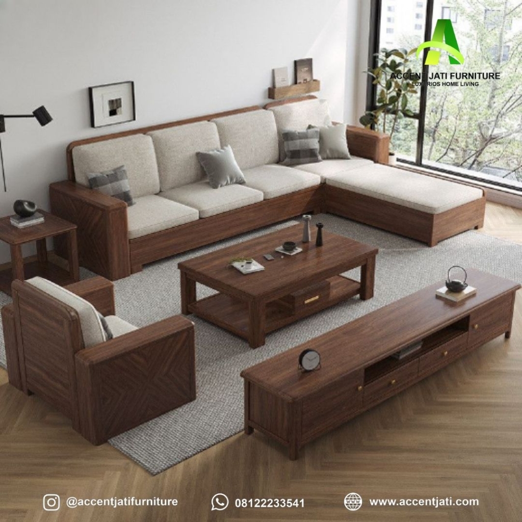 Set Sofa L Minimalis Modern Kayu Walnut