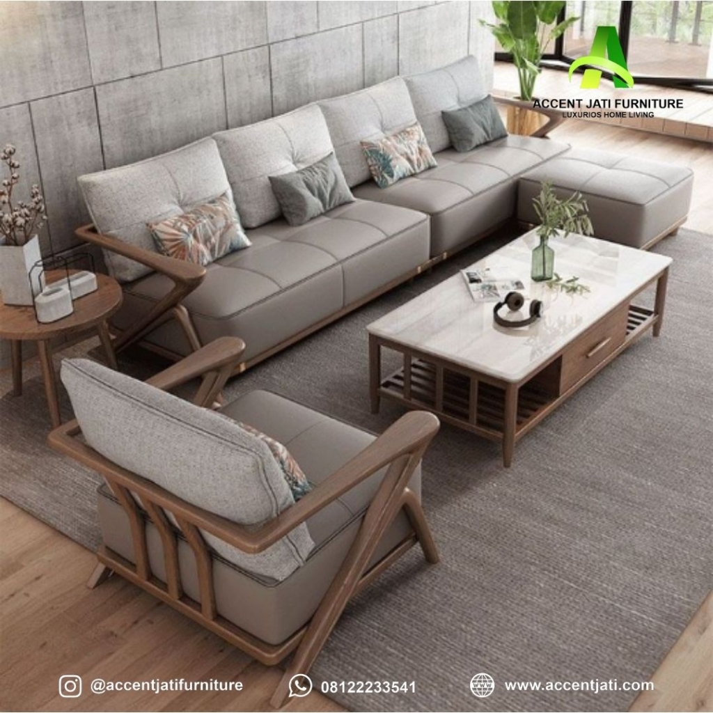 Set Sofa L Minimalis Modern Kontemporer dengan Aksen Kayu