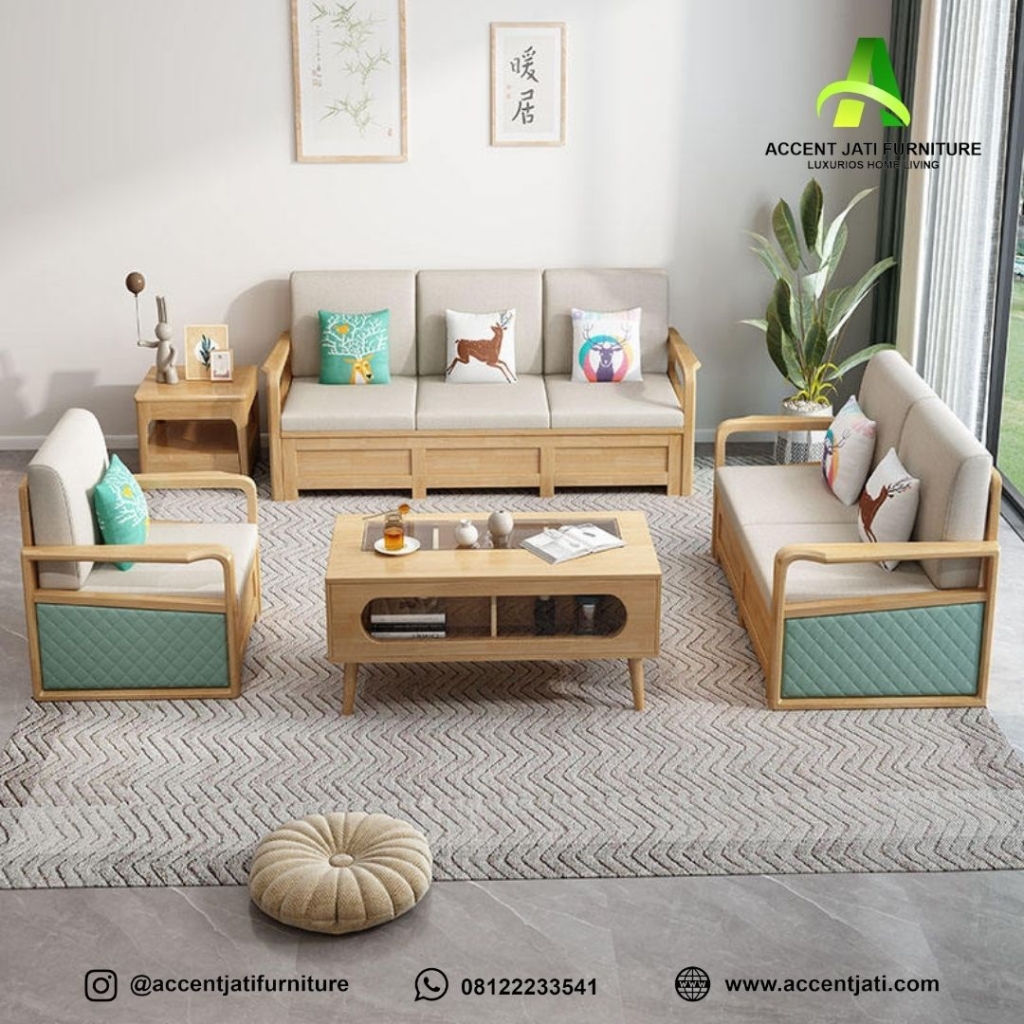 Set Sofa Ruang Tamu Minimalis Modern Kayu Beech & Aksen Pastel