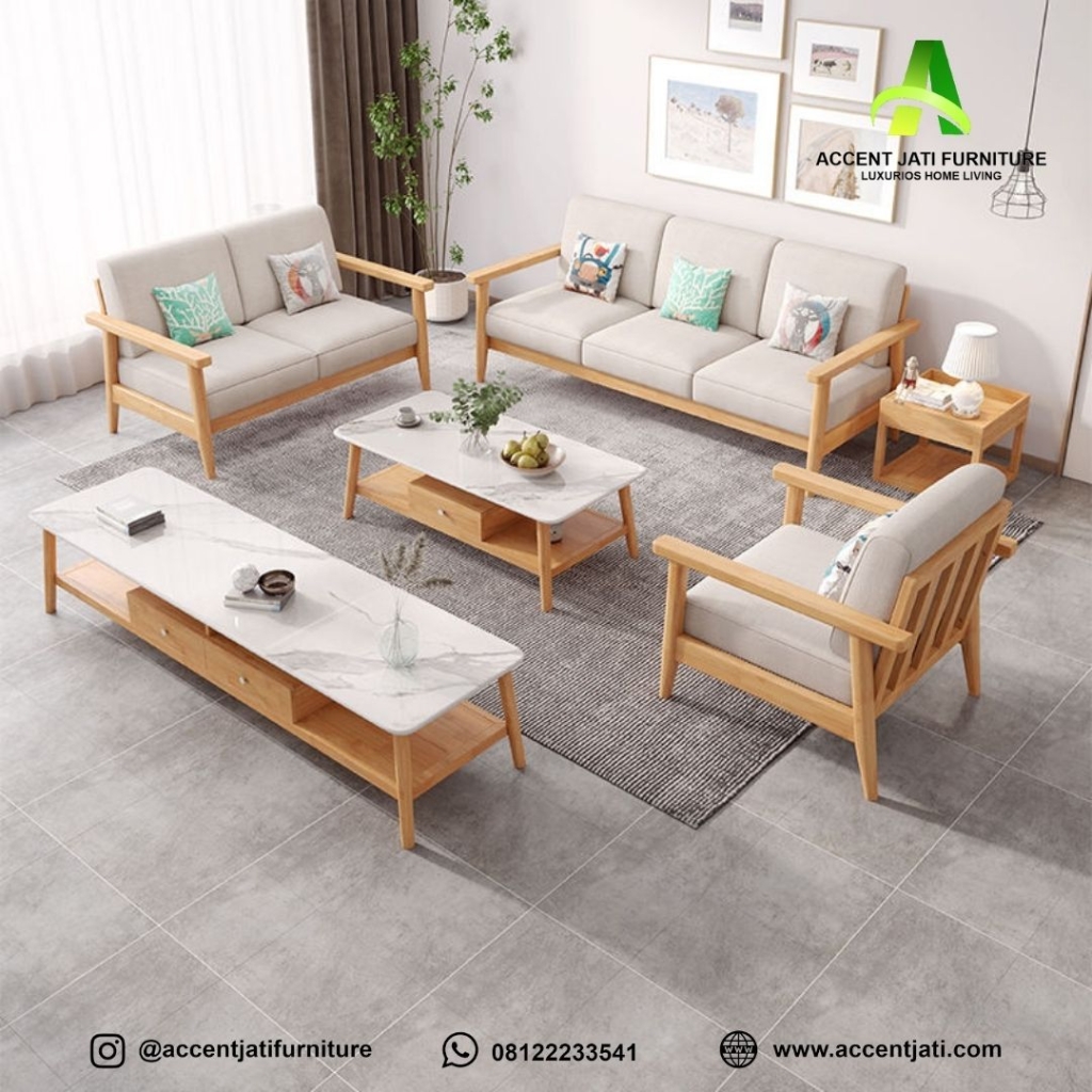 Set Sofa Ruang Tamu Minimalis Modern Kayu Jati & Meja Marmer
