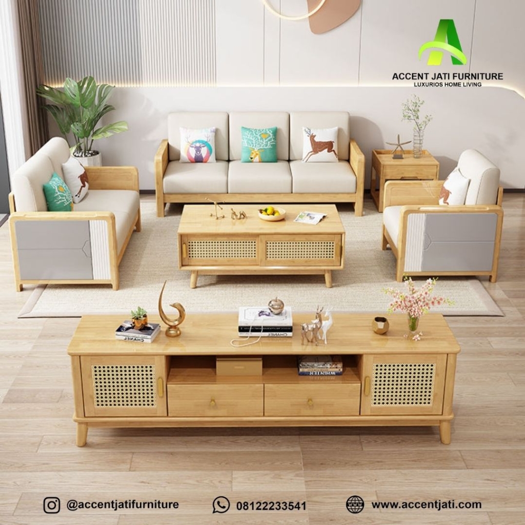Set Sofa Ruang Tamu Minimalis Modern Kayu Maple & Rotan