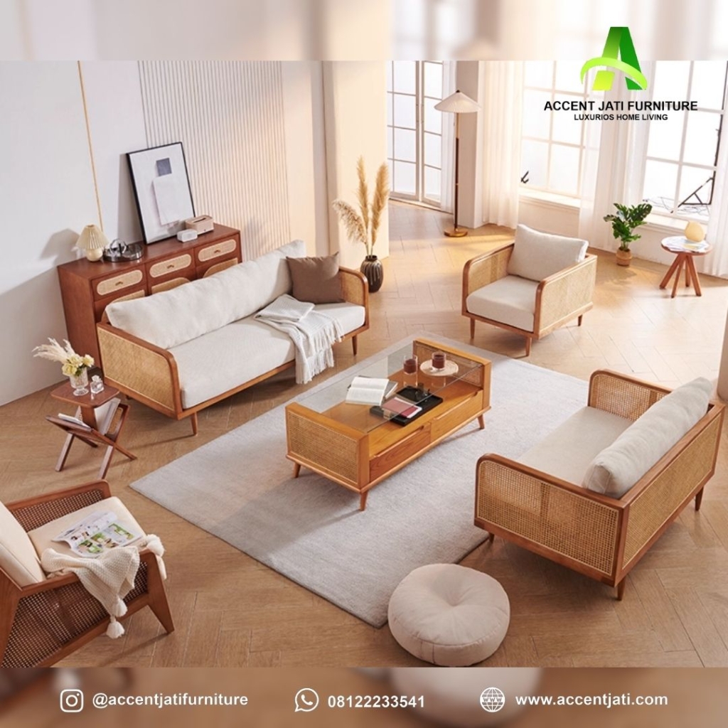 Set Sofa Ruang Tamu Rotan Kayu Jati Minimalis Modern
