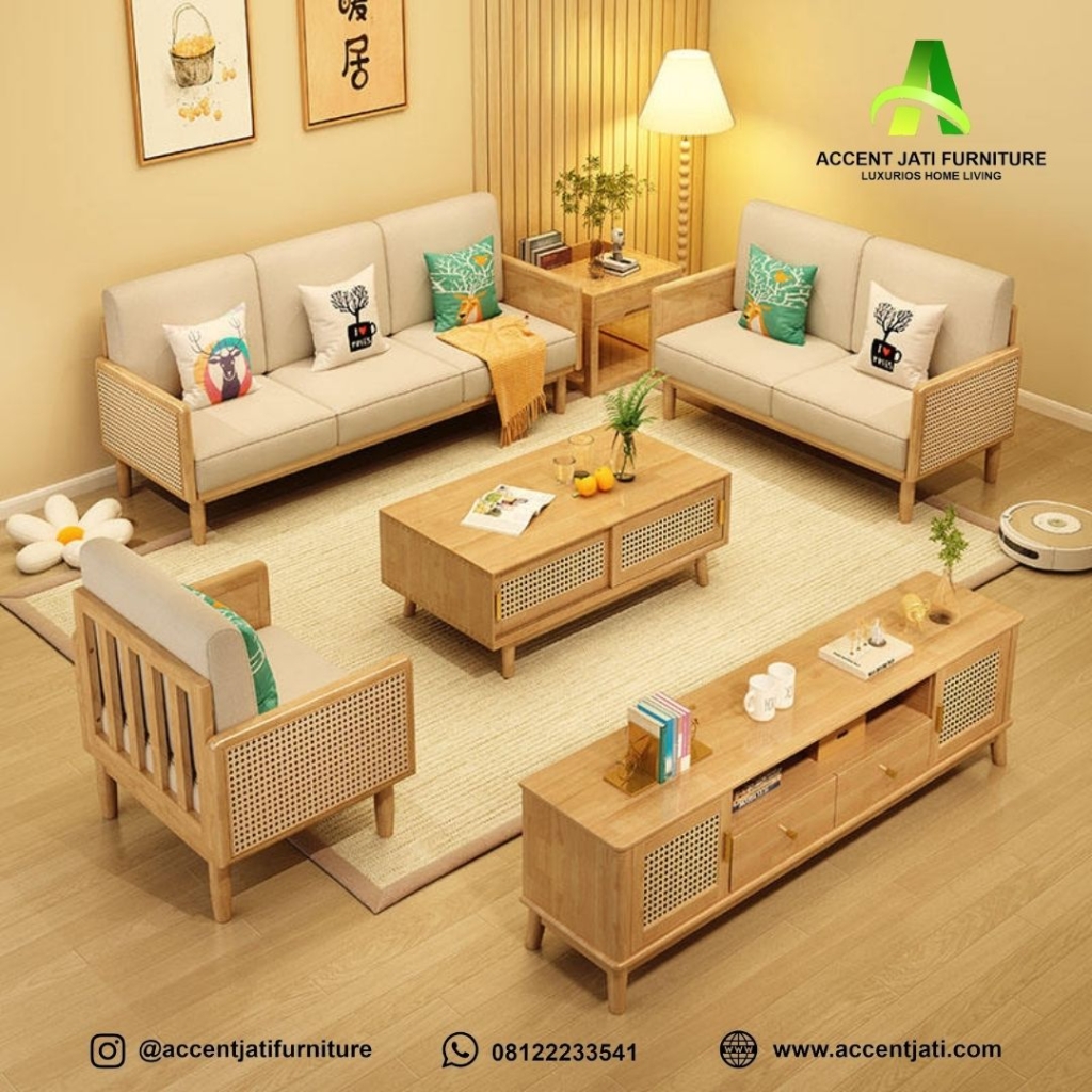 Set Sofa Ruang Tamu Rotan Kayu Jati Minimalis Terbaru