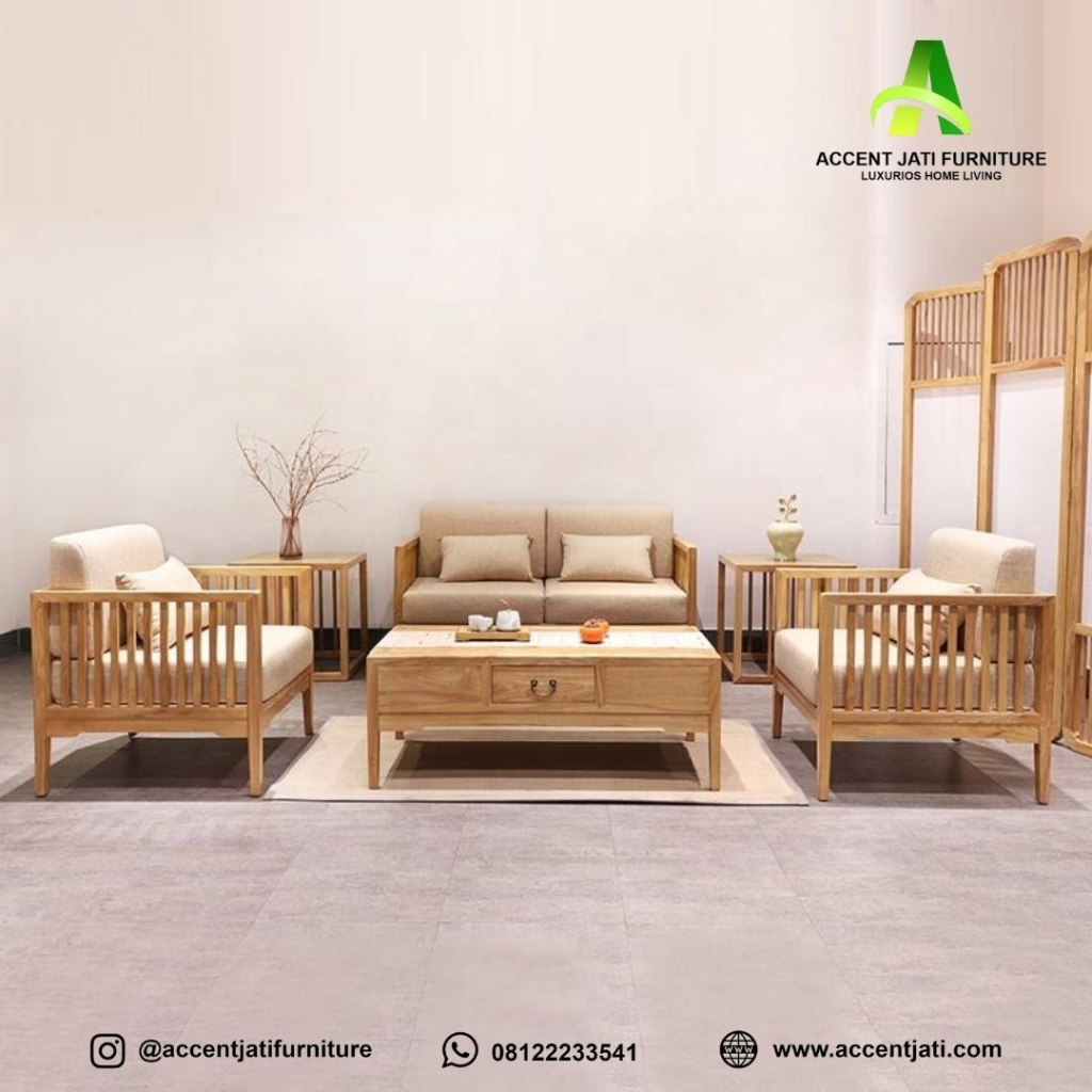 Set Sofa Tamu Minimalis Gaya Japandi Kayu Jati Alami